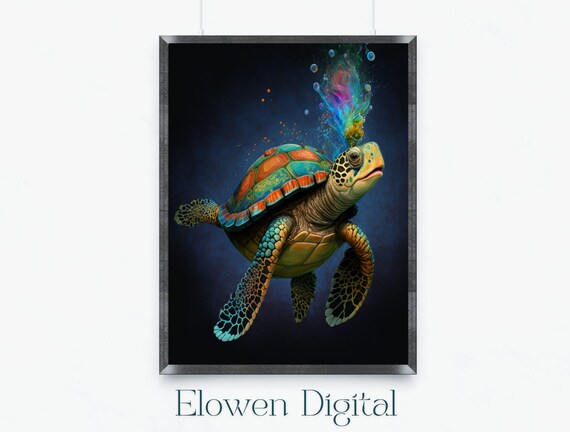 Colorful Sea Turtle with Rainbow Bubble Burst on Dark Poster