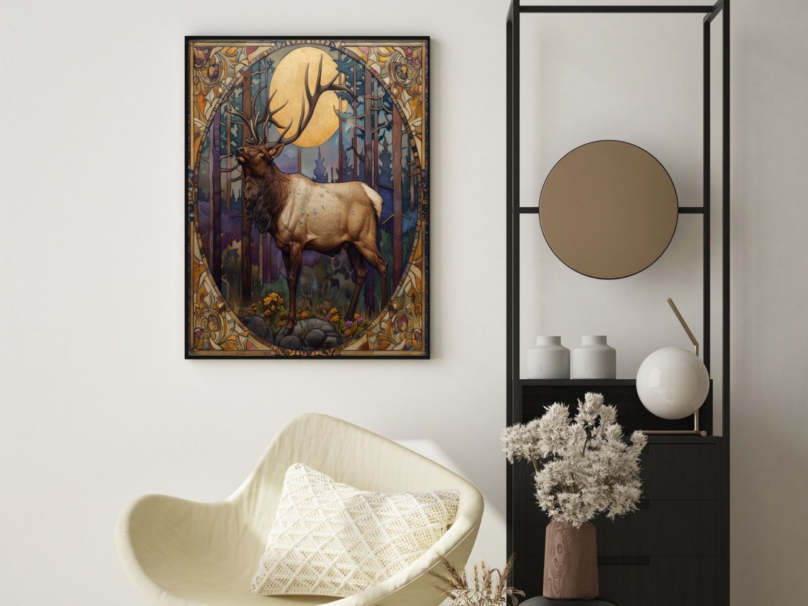 Art Nouveau Elk Bugling in a Dark Moonlit Forest Scene Poster - Image 6