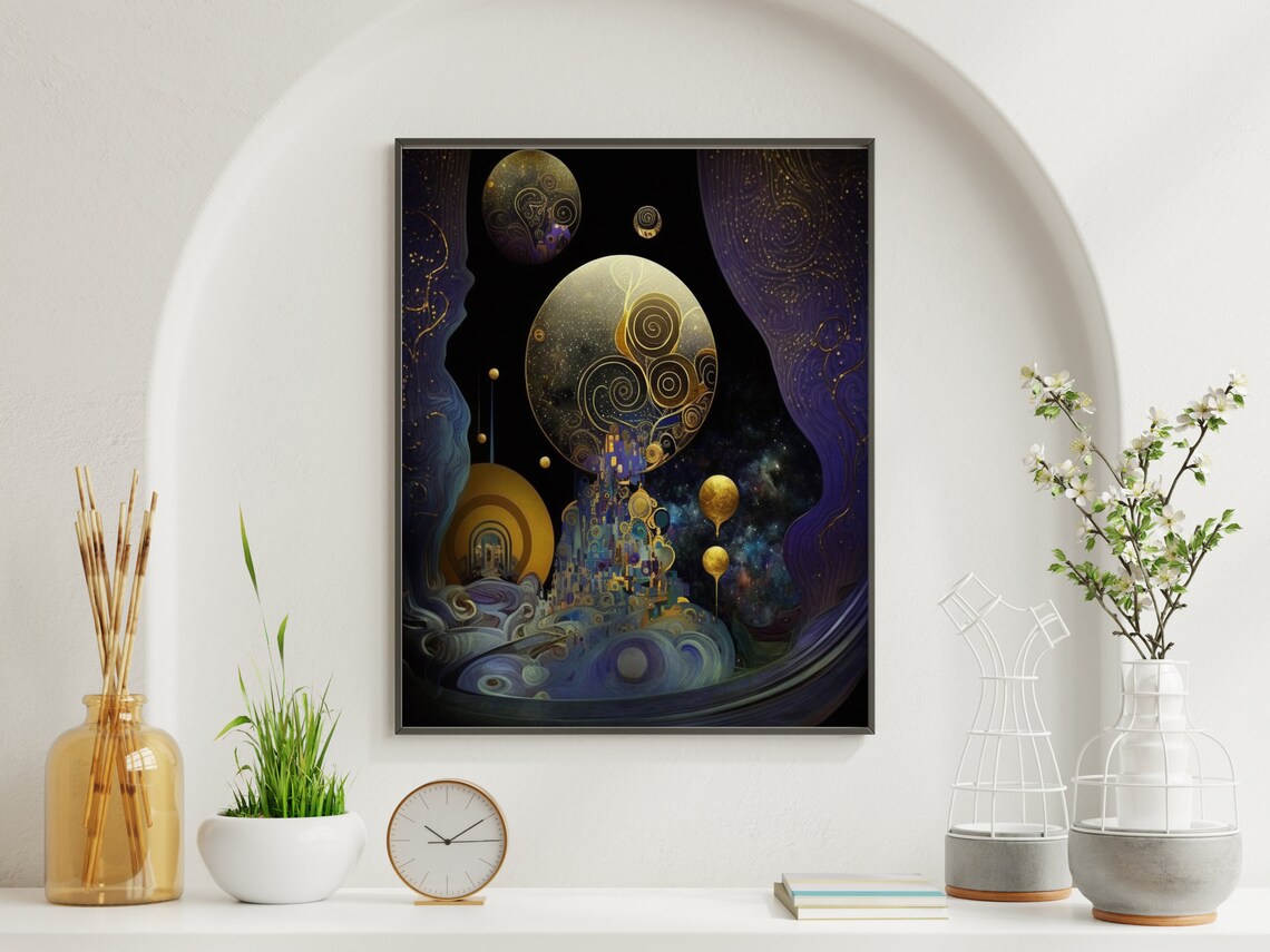 Indigo And Gold Abstract Space Art With Planets And Nebula Poster - Image 3