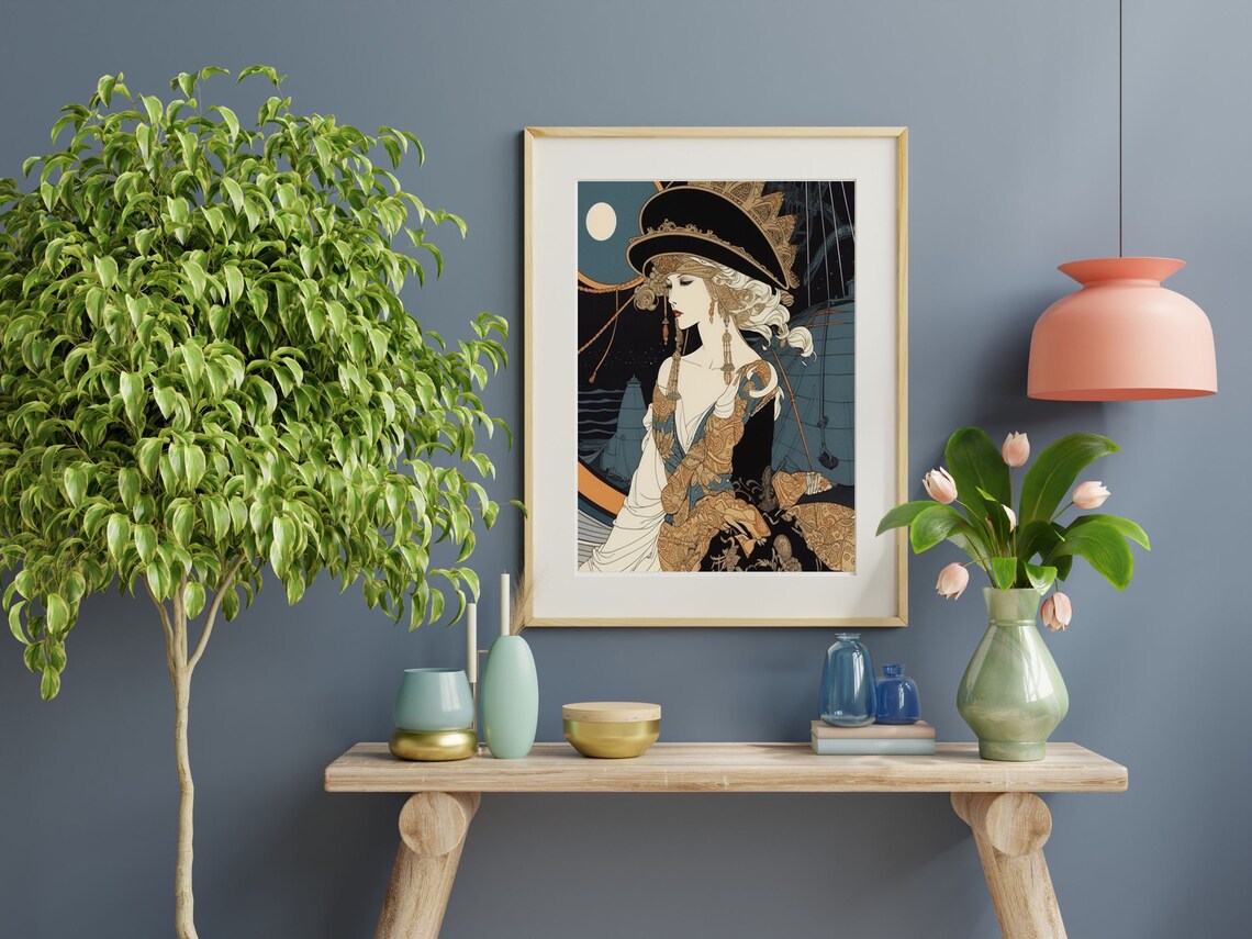 Art Deco Woman In Ornate Hat And Gold Gown Under Night Moon Poster - Image 3