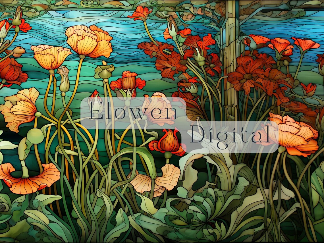 Stained Glass Poppy Field Orange Red Flowers Pond Floral Poster - Image 4