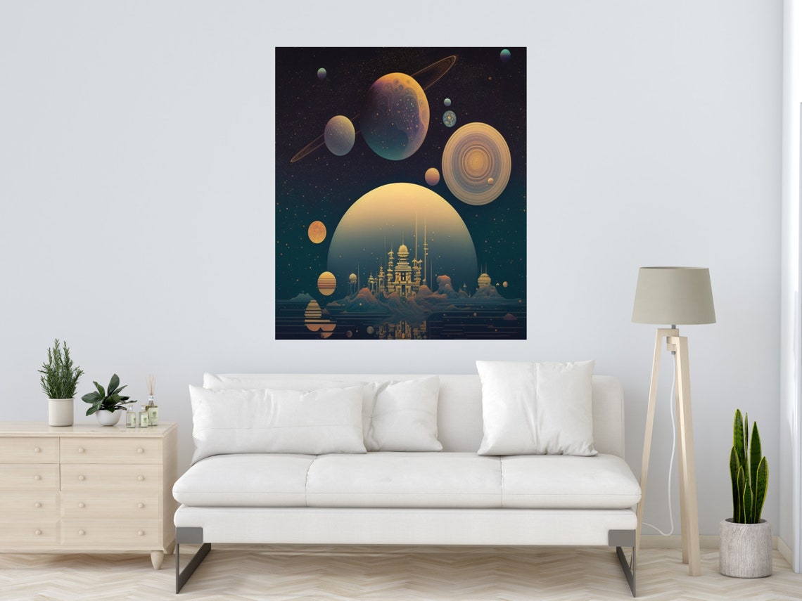 Alien City Beneath Ringed Planets Space Fantasy Art Wall Art - Image 5