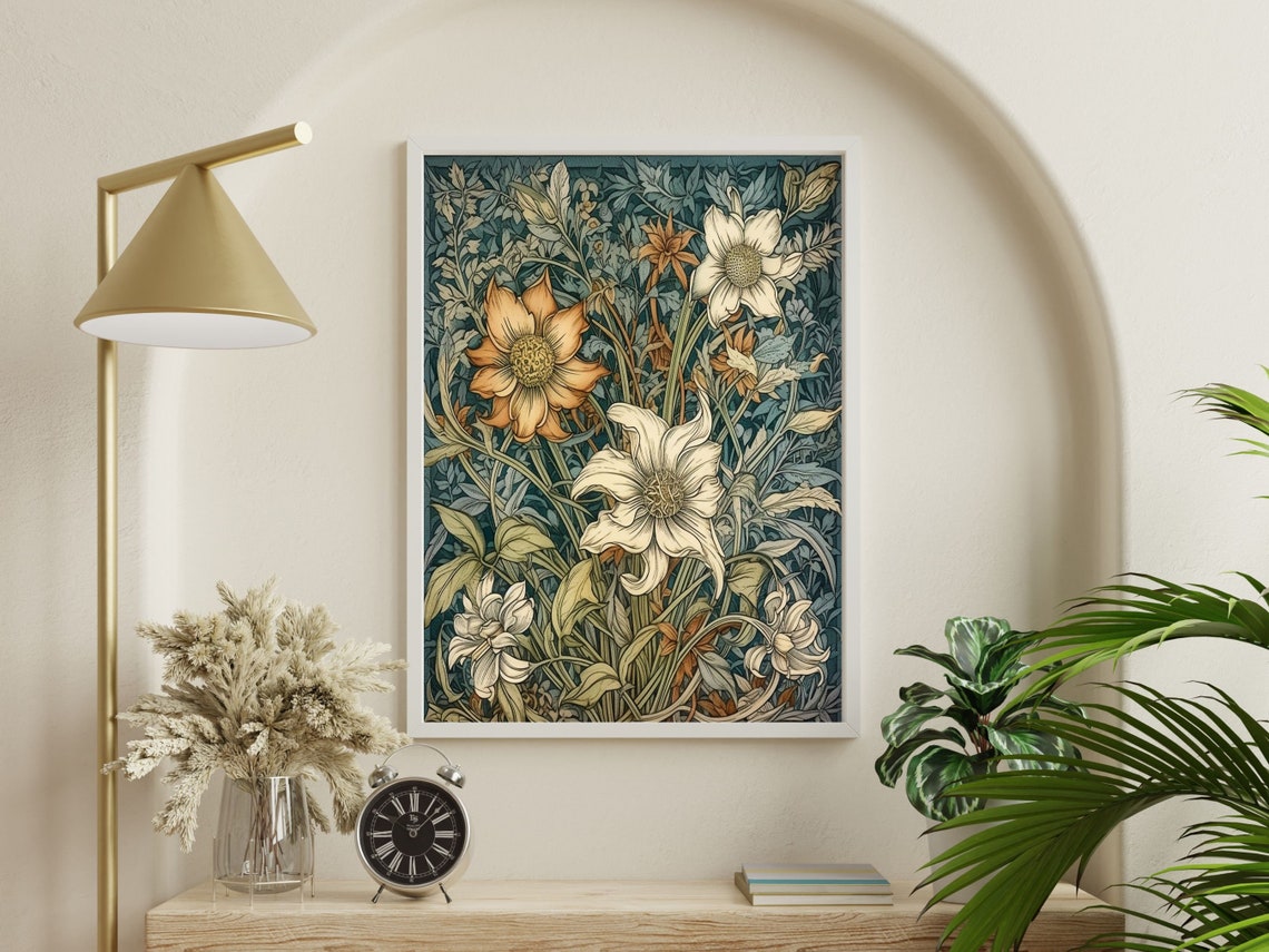 William Morris Style Cream Lilies Botanical Floral Design Wall Art - Image 2