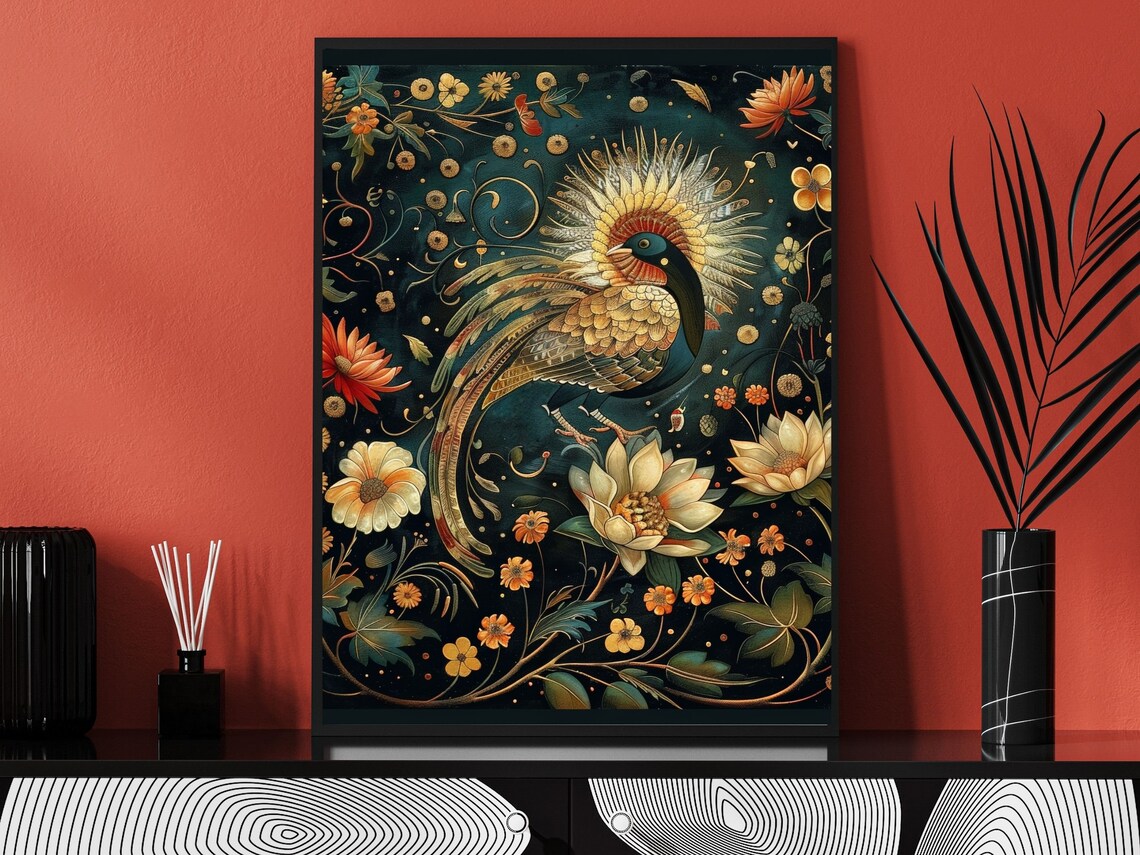 Russian Fairy Tale Firebird Among Lotus Blossoms Palekh Poster