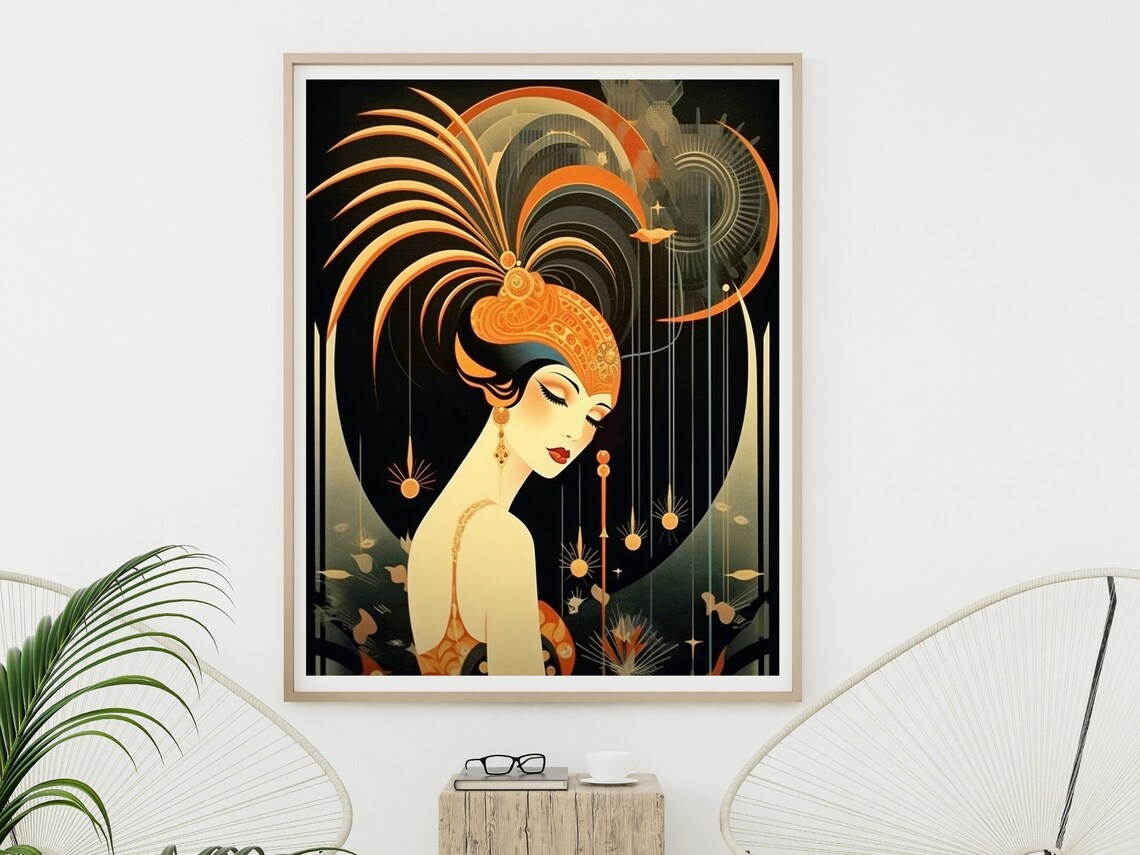 Art Deco Wall Art Art Deco Woman In Feathers Wall Art In The Art Deco Style In Orange Black And Silver - Image 5
