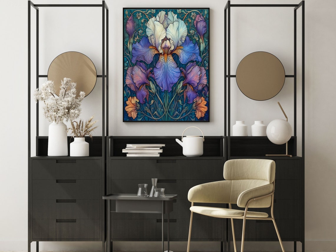 Art Nouveau Purple Iris With Teal Symmetric Floral Pattern Poster - Image 4