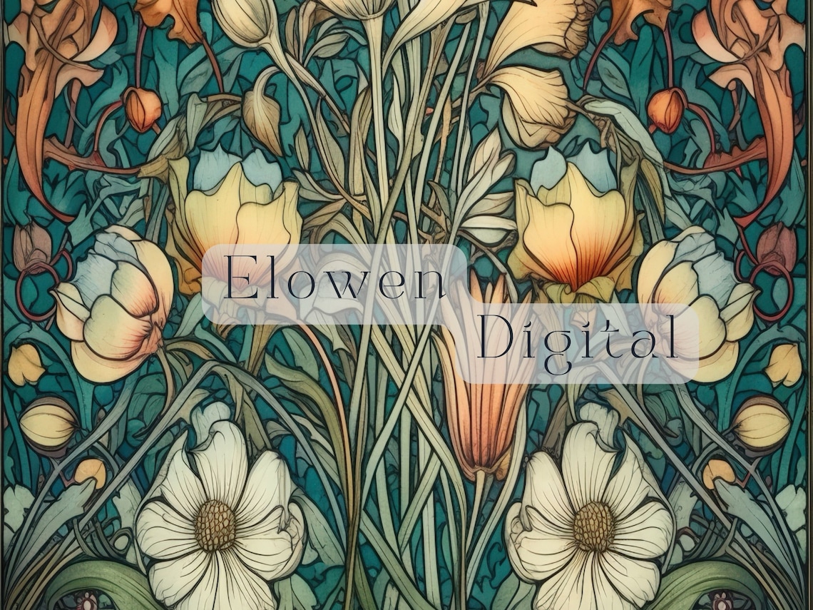 Morris Style Cream Tulips and Anemones on Teal Floral Wall Art - Image 3