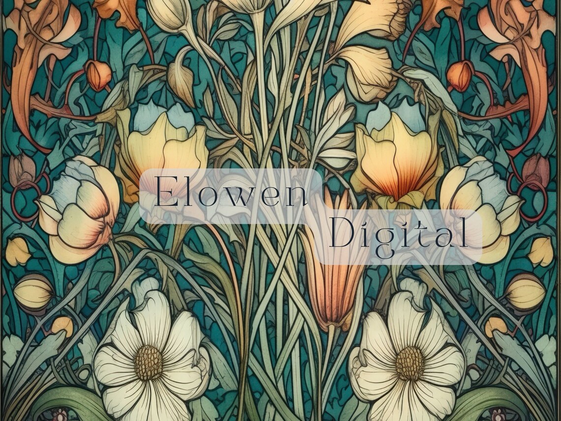 William Morris Style Ivory Anemones Teal Autumn Floral Wall Art - Image 3