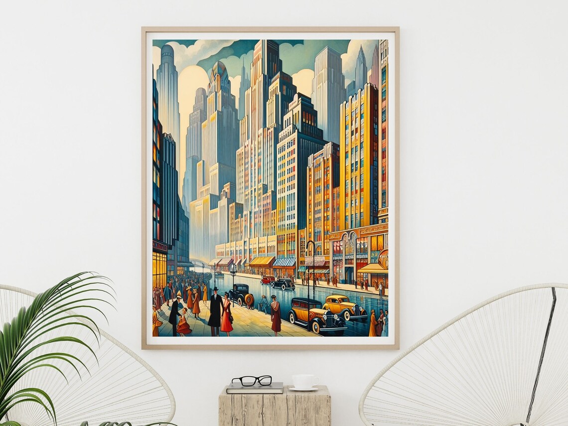 Art Deco 1940s Skyscraper Street Scene With Vintage Cars Poster - Image 5