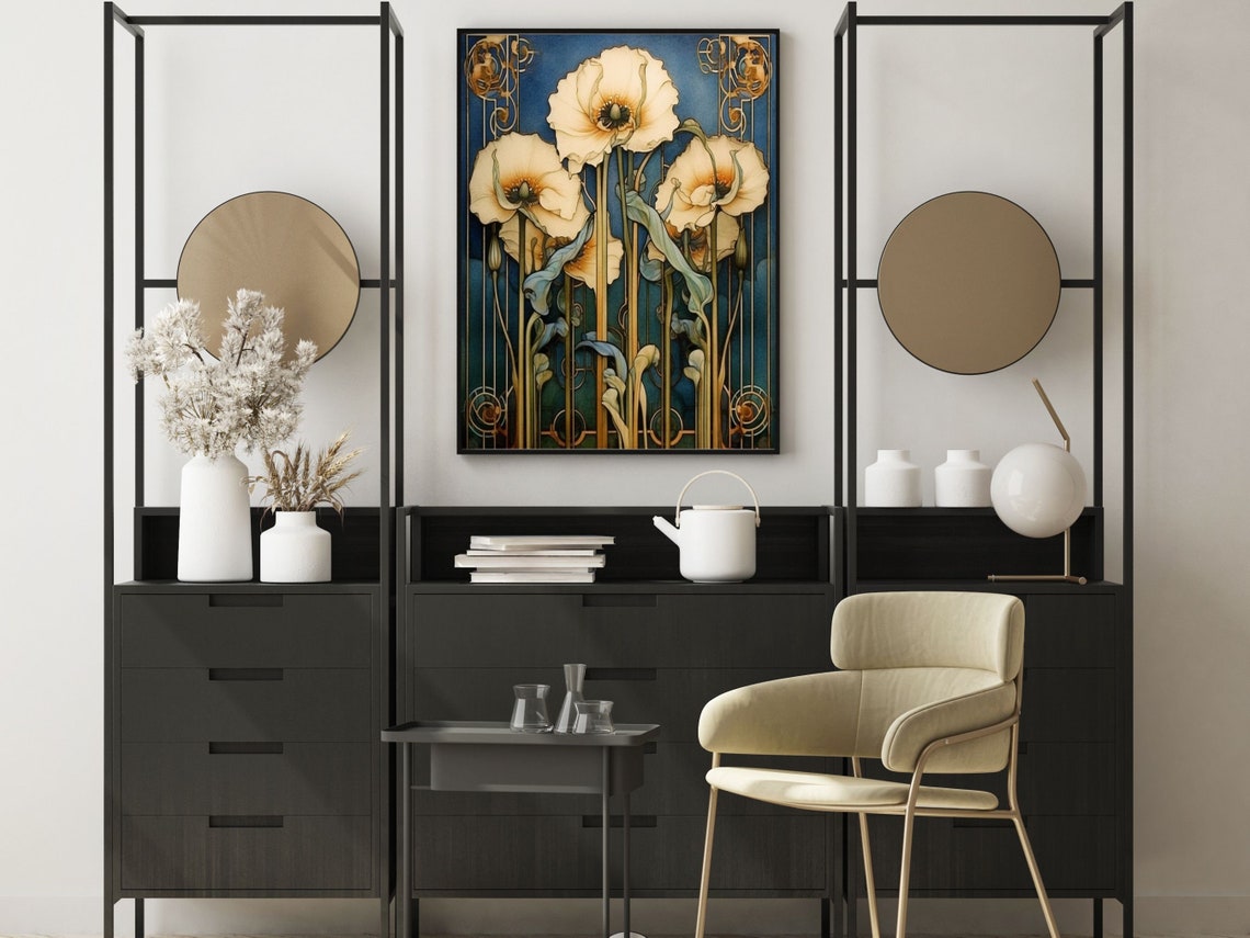 Art Nouveau Pale Poppies On Deep Blue Floral Design Wall Art - Image 6