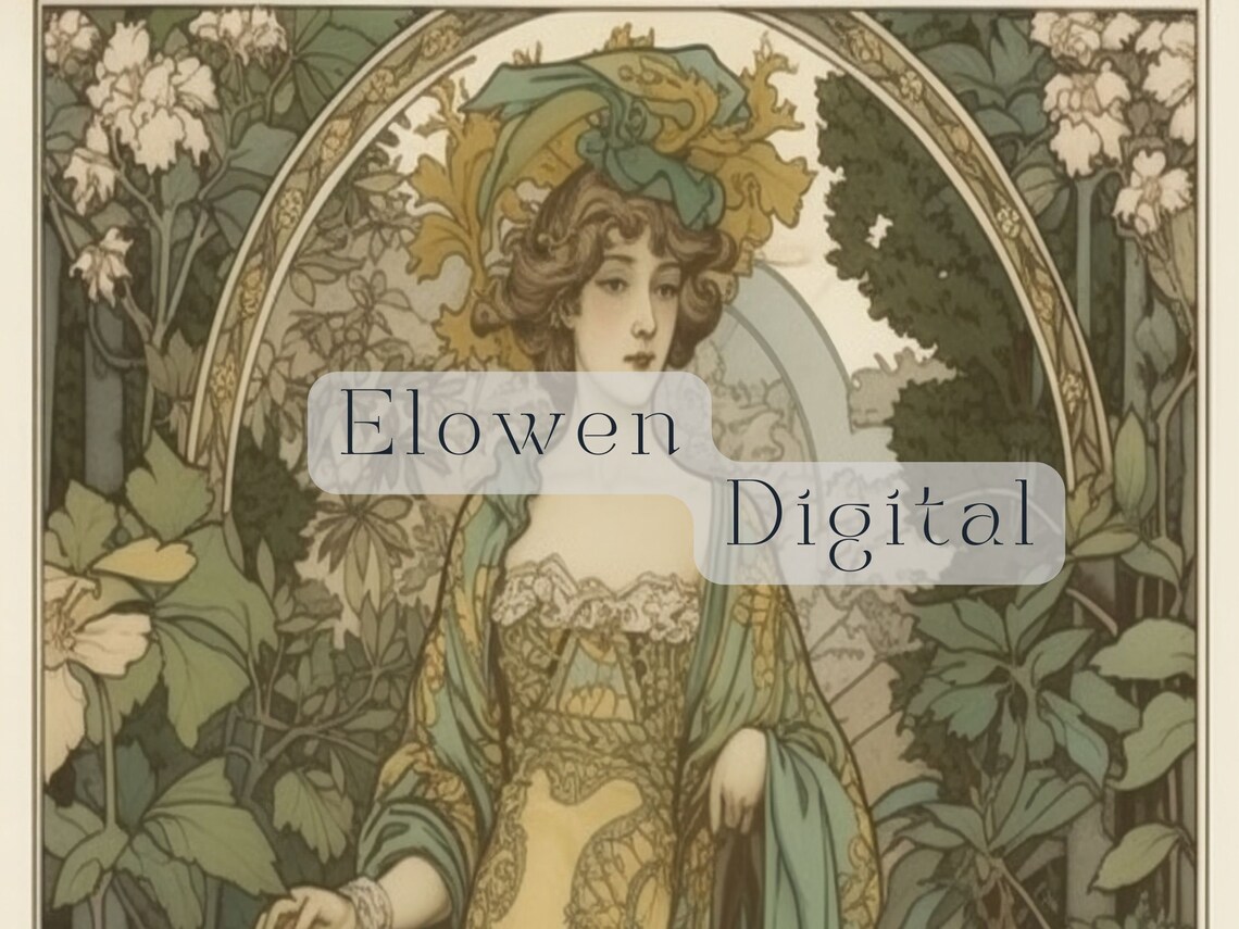 Mucha Style Woman In Green Gown Garden Scene Art Nouveau Poster - Image 5
