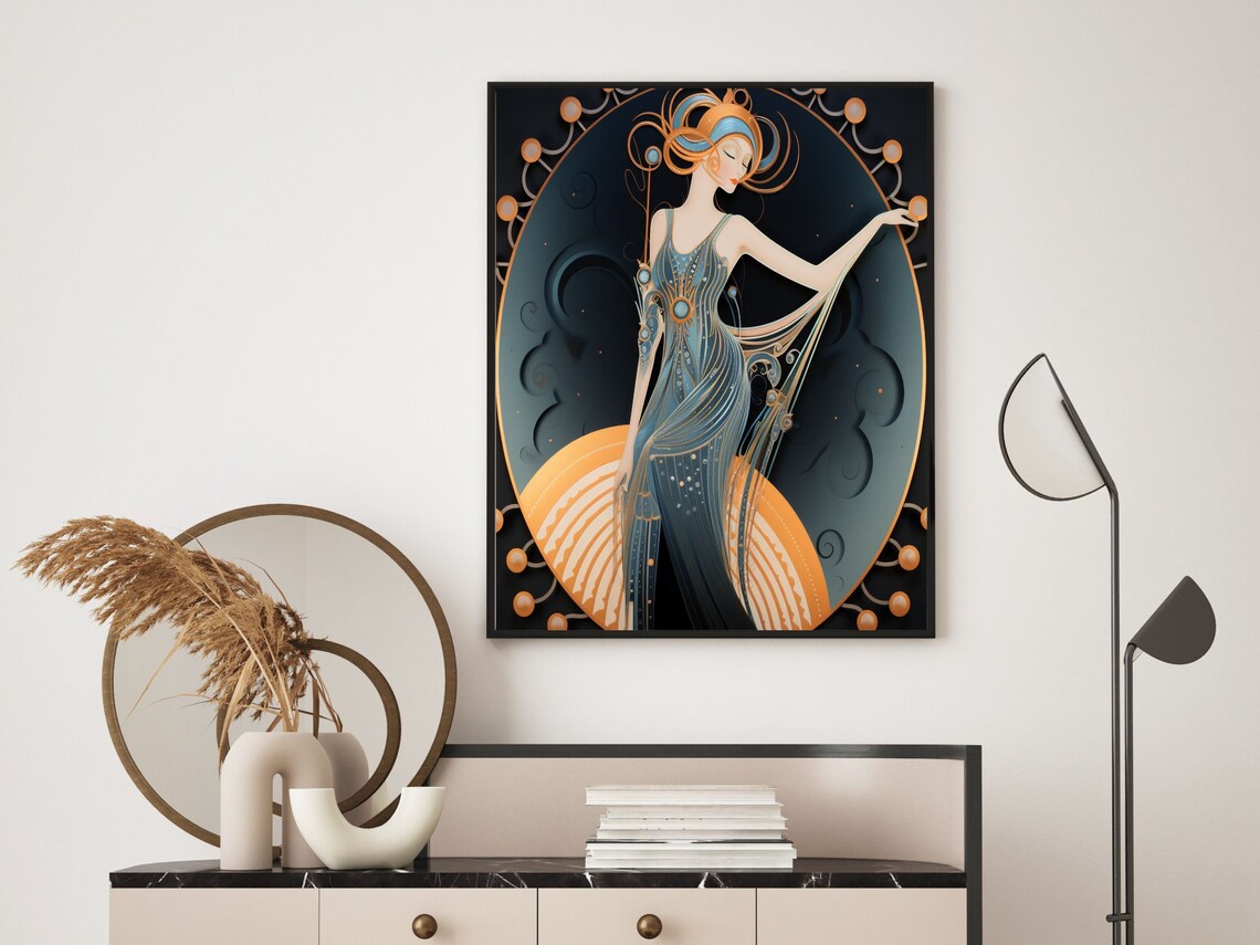 Art Deco Woman In Blue Gown With Crescent Moon Scene Wall Art - Image 6