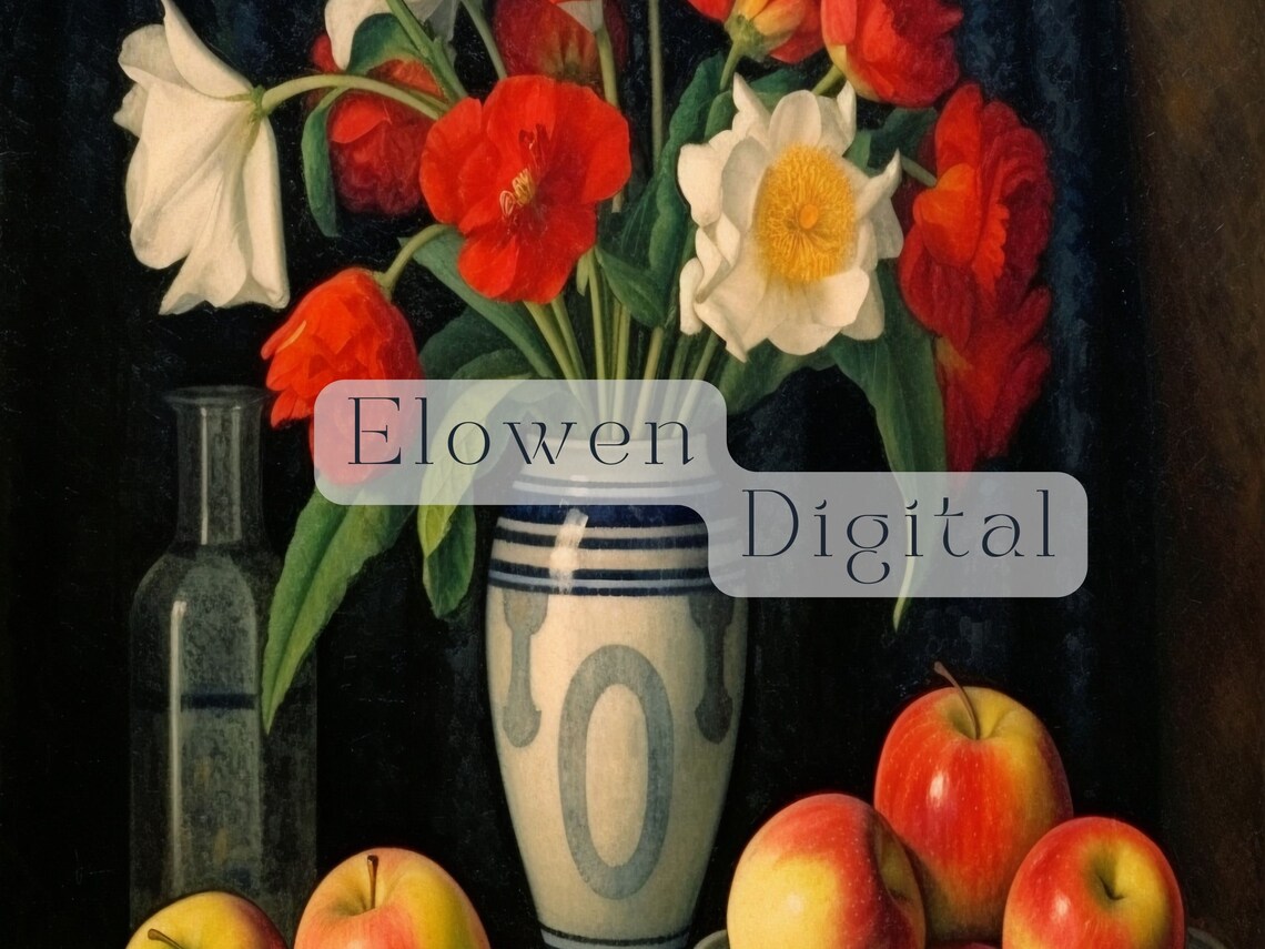 Vintage Still Life Tulips and Apples Kitchen Oil Painting Print - Image 3