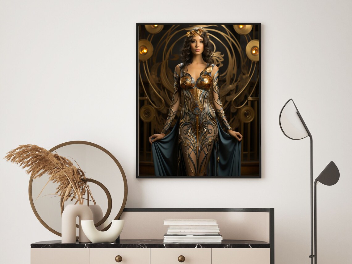 Erte Inspired Art Deco Woman Gold Gown Stage Portrait Wall Art - Image 4