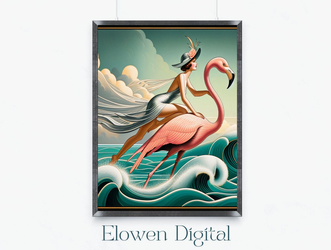 Art Deco Woman Riding Pink Flamingo Over Ocean Waves Wall Art