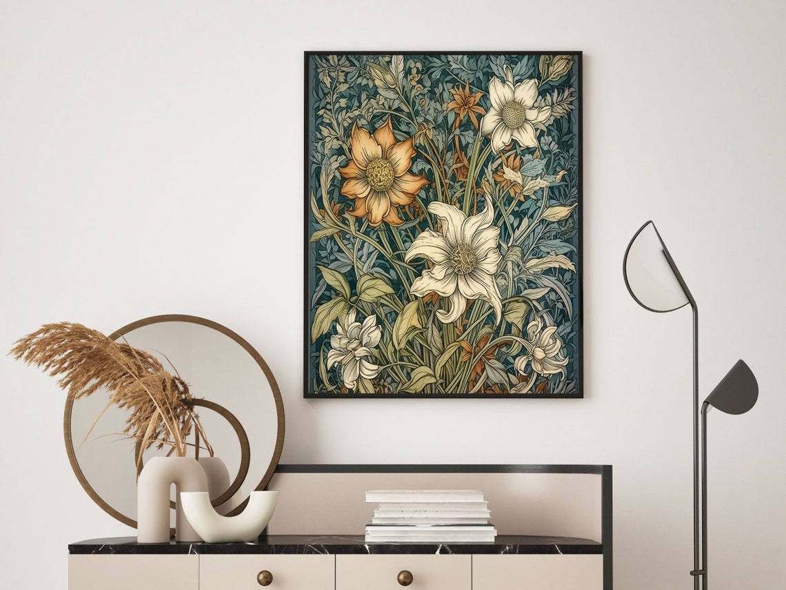 William Morris Style Cream Lilies Botanical Floral Design Wall Art - Image 6
