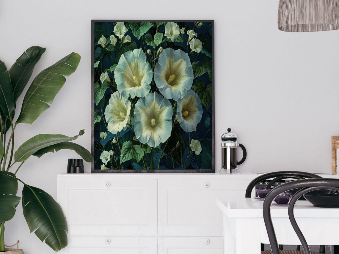 Large White Morning Glory Blooms On Dark Blue Night Garden Wall Art - Image 2