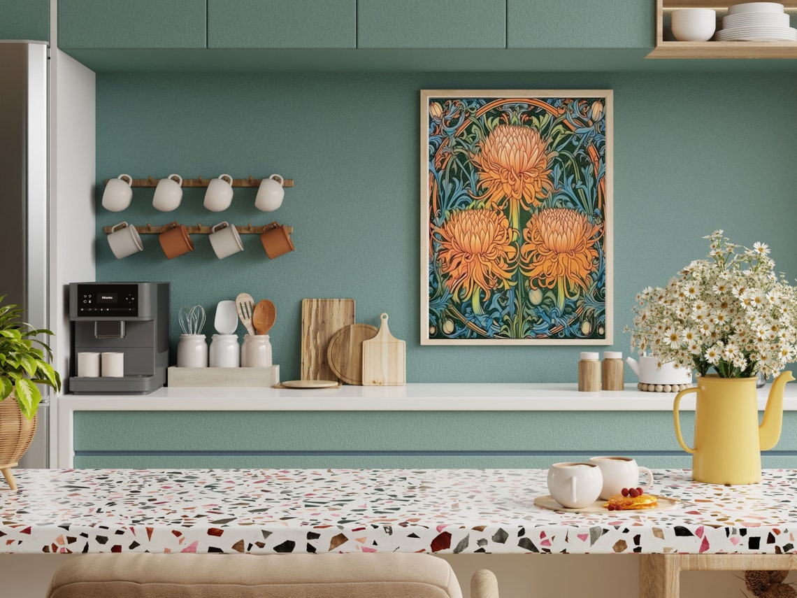 Vibrant Art Nouveau Orange Chrysanthemums Morris Style Wall Art - Image 2
