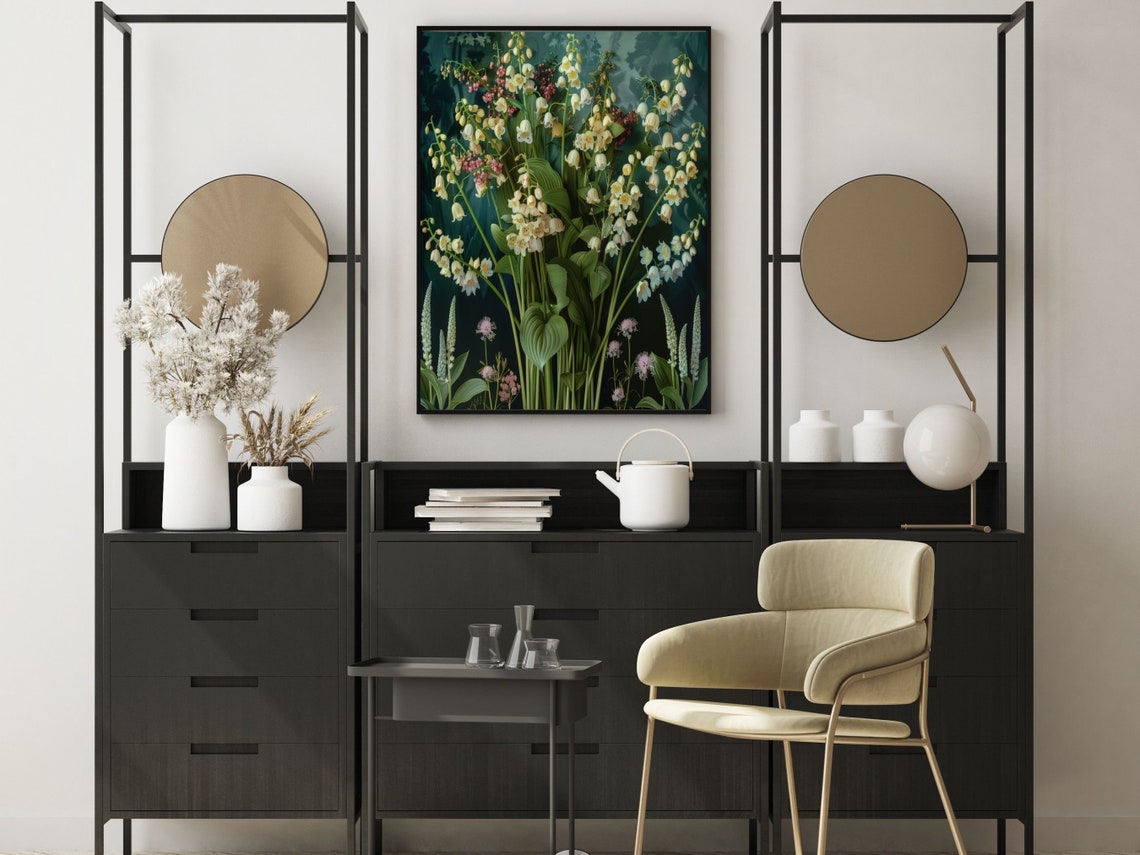 White Lily Of The Valley Cascade Botanical Dark Green Garden Print - Image 6