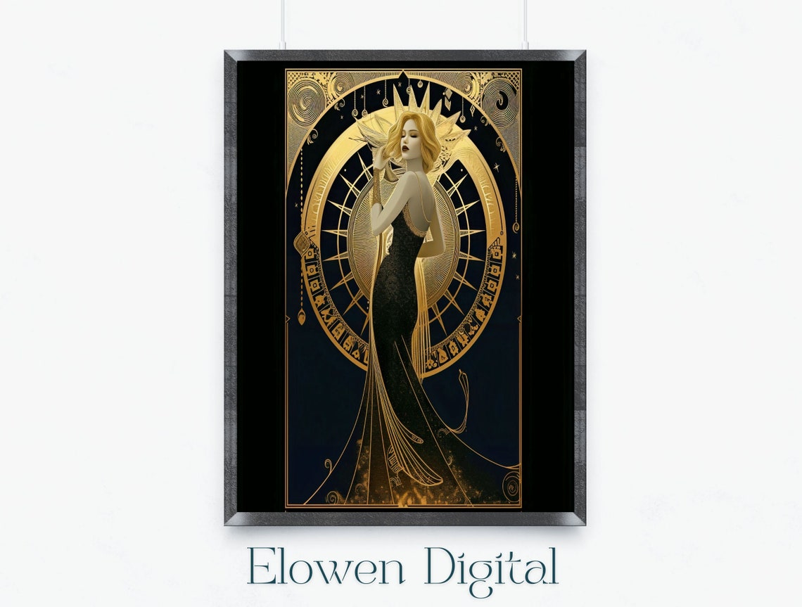 Woman In Flowing Black Gown Before Golden Sunburst Art Deco Print