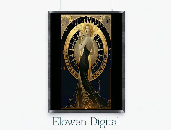 Woman In Flowing Black Gown Before Golden Sunburst Art Deco Print