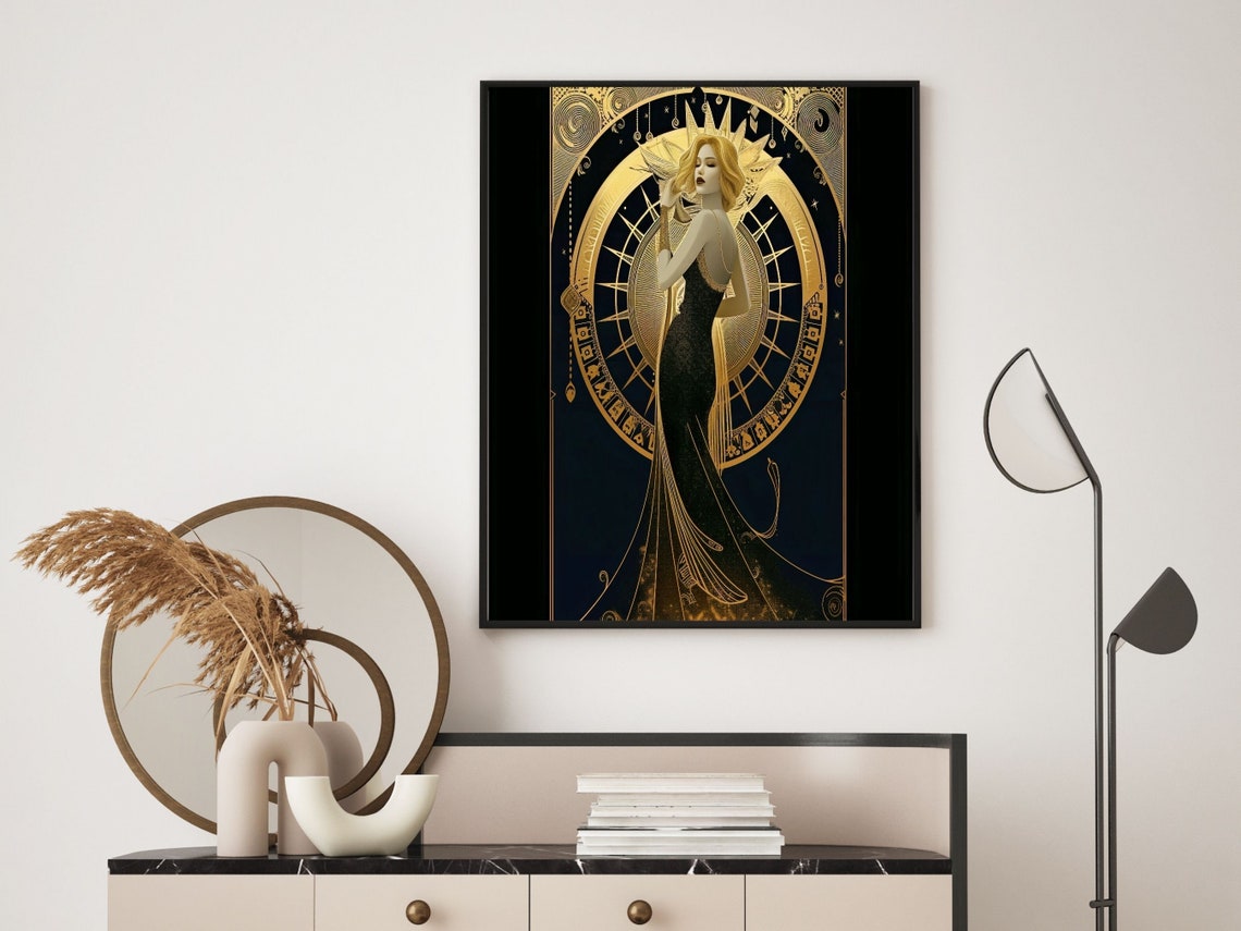 Woman In Flowing Black Gown Before Golden Sunburst Art Deco Print - Image 6