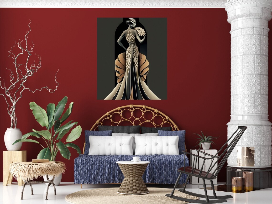 Erté Style Art Deco Woman with Feather Fan in Champagne Gown Poster - Image 6