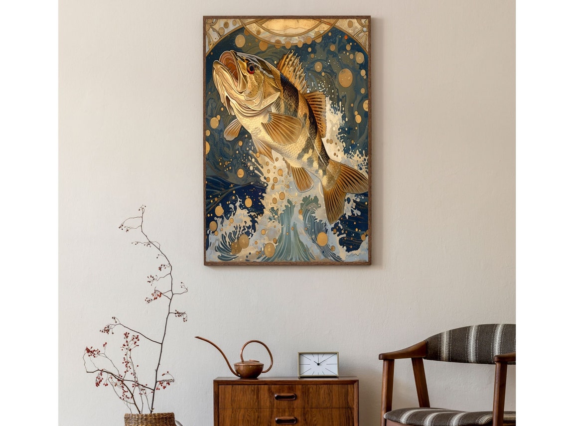 Art Nouveau Fish Wall Art Retro Salmon Decor Poster Trout Jumping Out Of The Water Wall Hanging Striped Bass Original Art - Image 2
