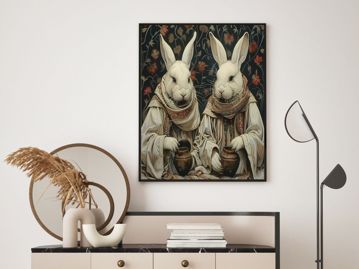 Two White Rabbits In Monk Robes Holding Clay Pots Floral Wall Art - Image 6