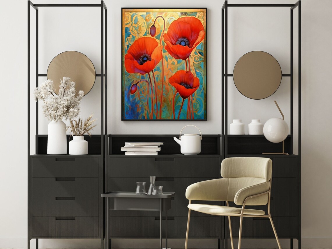 Vibrant Red Poppies Blooming on a Gold Art Nouveau Swirl Poster - Image 6