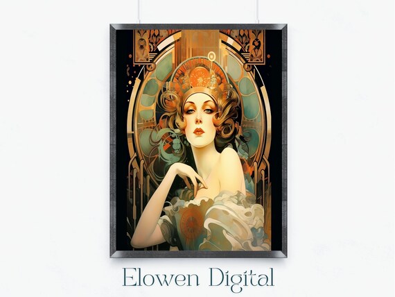 Elegant Golden Curled Woman In Ornate Art Nouveau Arch Portrait Print