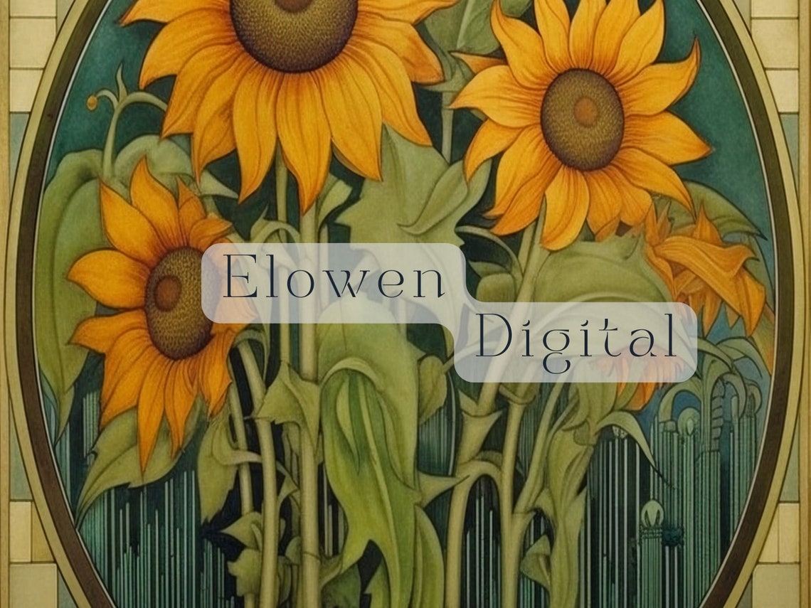 Cheerful Art Deco Sunflowers Oval Frame Vintage Botanical Poster - Image 4