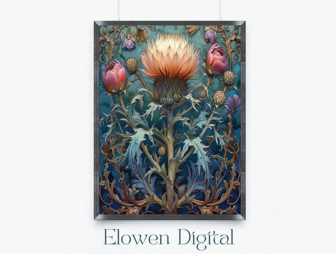 Lovely Art Nouveau Thistle Flower Blue Botanical Flower Poster