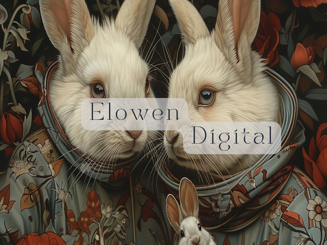 Two White Rabbits Sharing Tea Among Deep Red Roses Art Nouveau Wall Art - Image 3