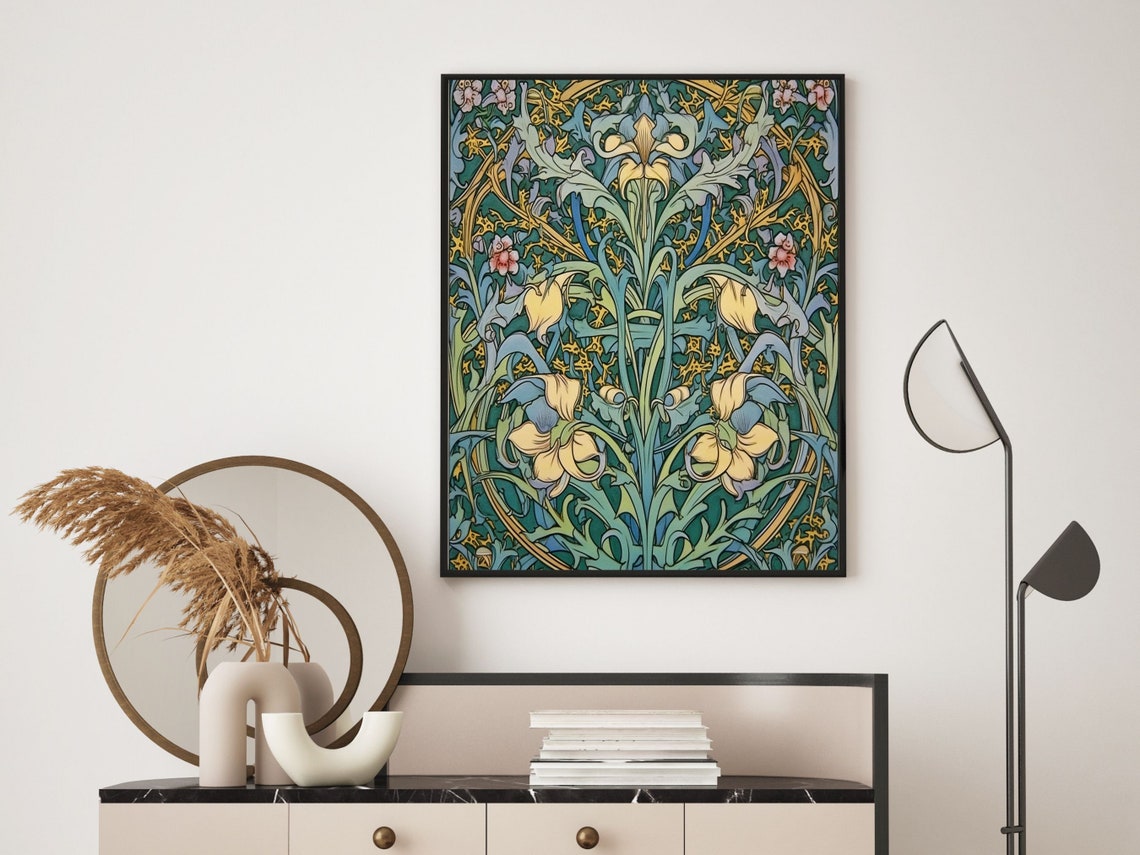 William Morris Style Iris Tapestry Pattern in Teal and Gold Poster - Image 6