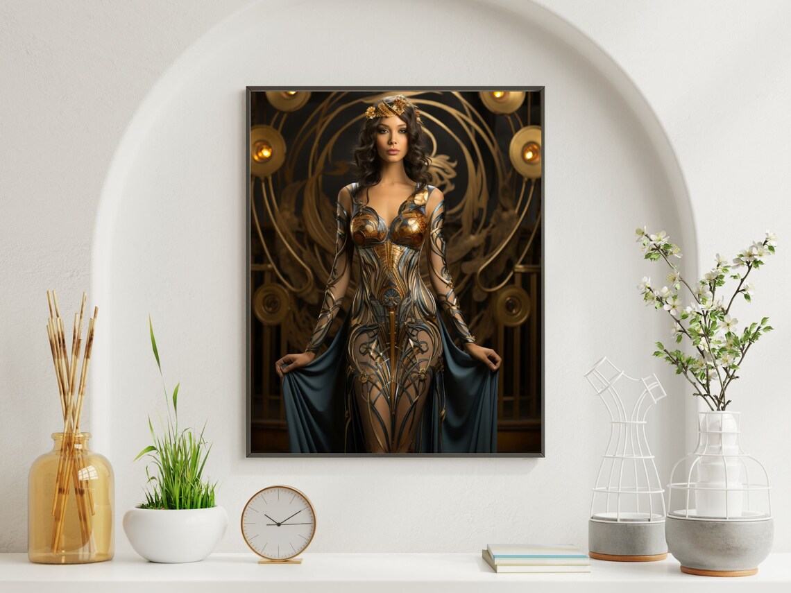 Erte Inspired Art Deco Woman Gold Gown Stage Portrait Wall Art - Image 6