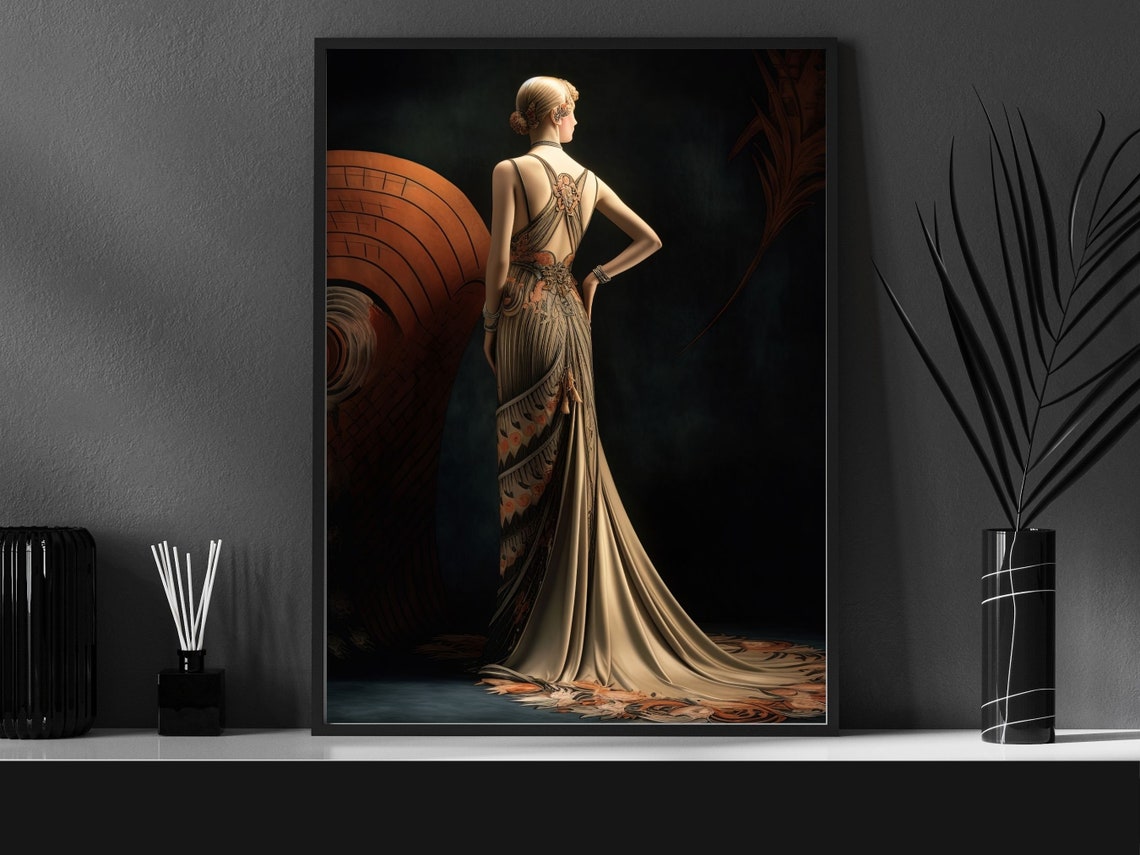 Art Deco Woman From Behind in Champagne Beaded Gown With Train Poster - Image 4
