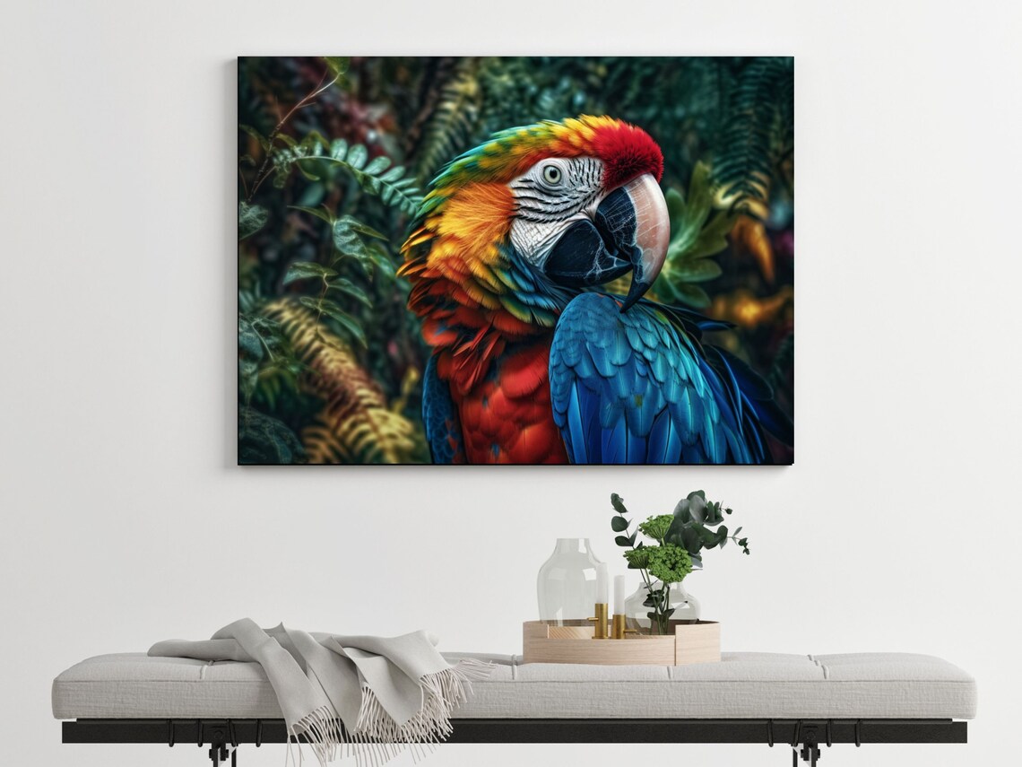 Photorealistic Scarlet Macaw Portrait In Lush Jungle Foliage Poster