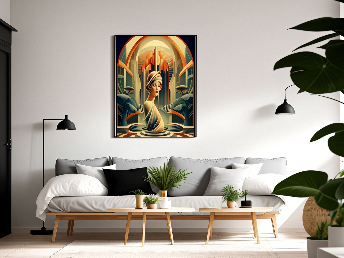 Art Deco Woman Portrait in Golden Retro Futurist City Arches Poster - Image 3