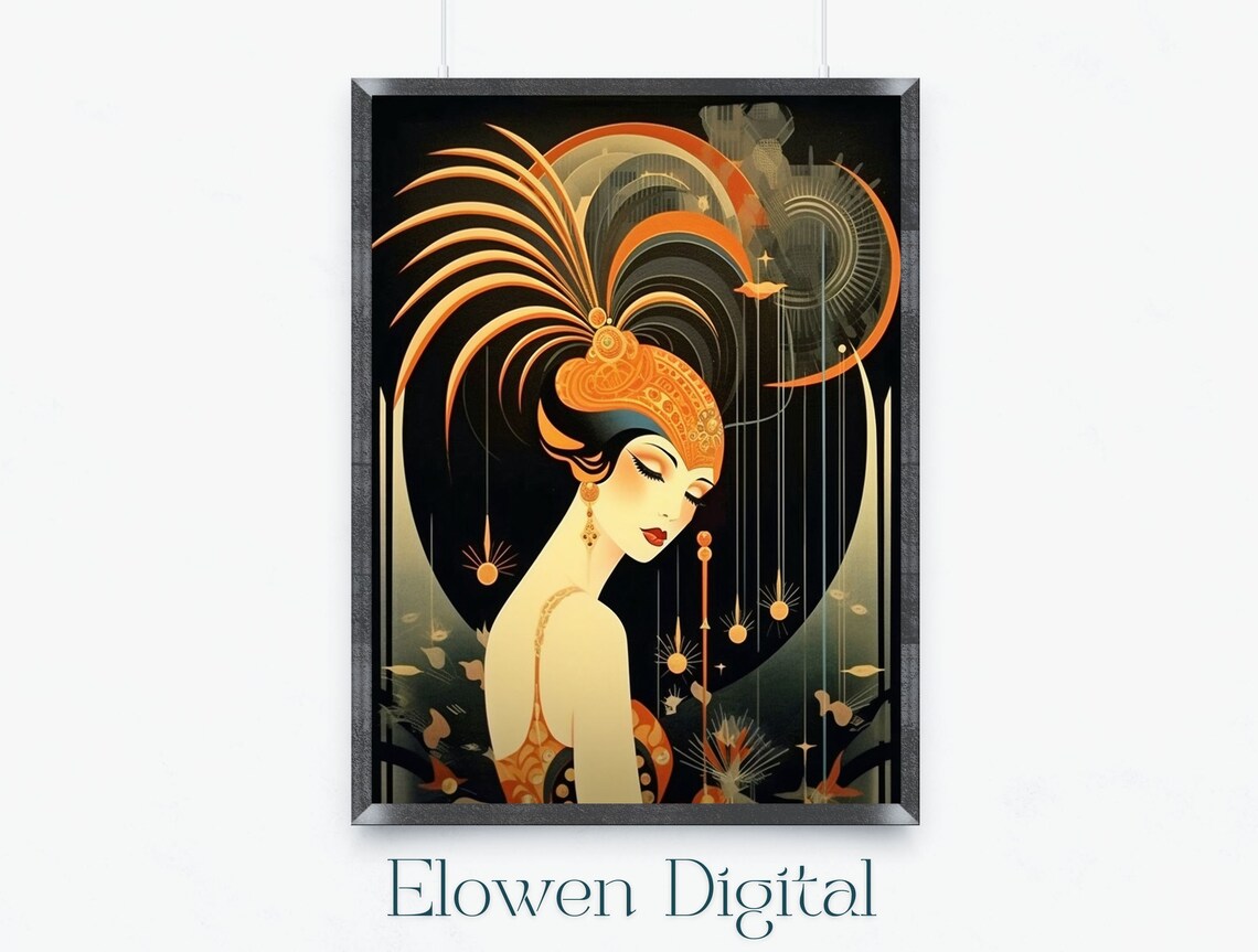 Art Deco Wall Art Art Deco Woman In Feathers Wall Art In The Art Deco Style In Orange Black And Silver