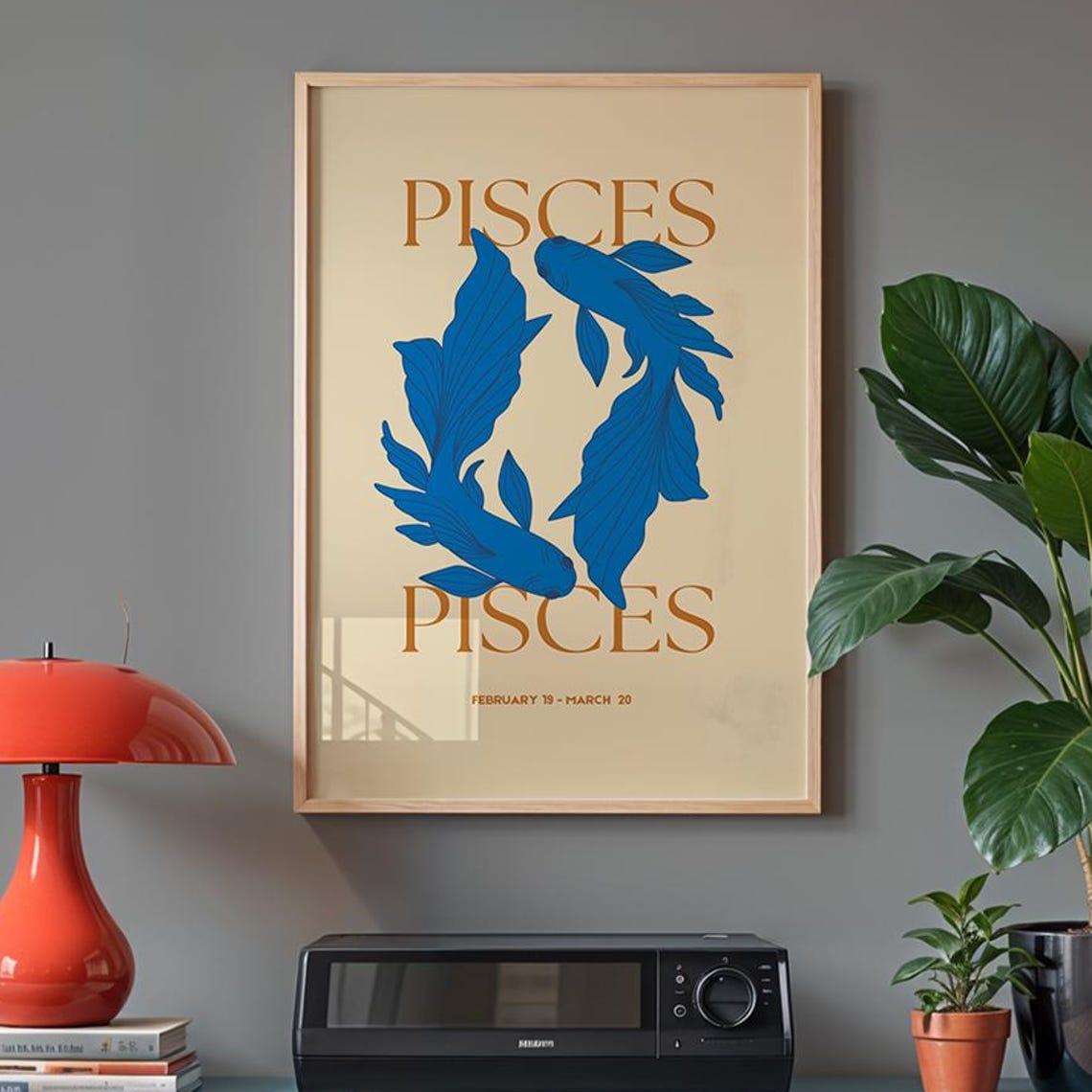Pisces Zodiac Twin Blue Koi Fish Retro Astrology Sign Art Poster