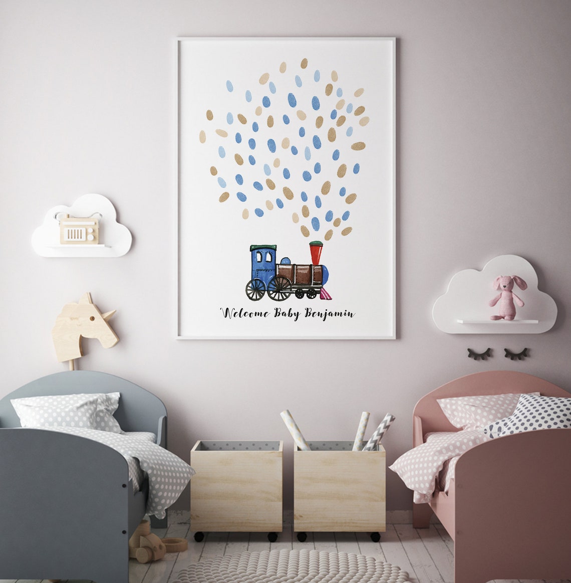 Watercolor Train and Rabbits Birthday Poster Print - Image 4