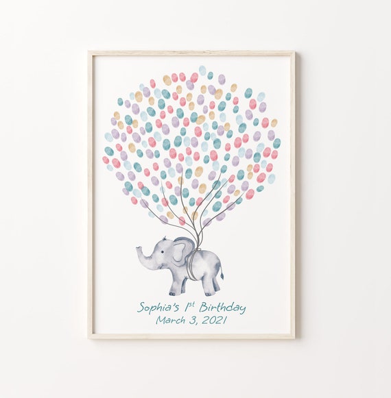 Baby Elephant Guest Book, Watercolor Balloon Tree Print