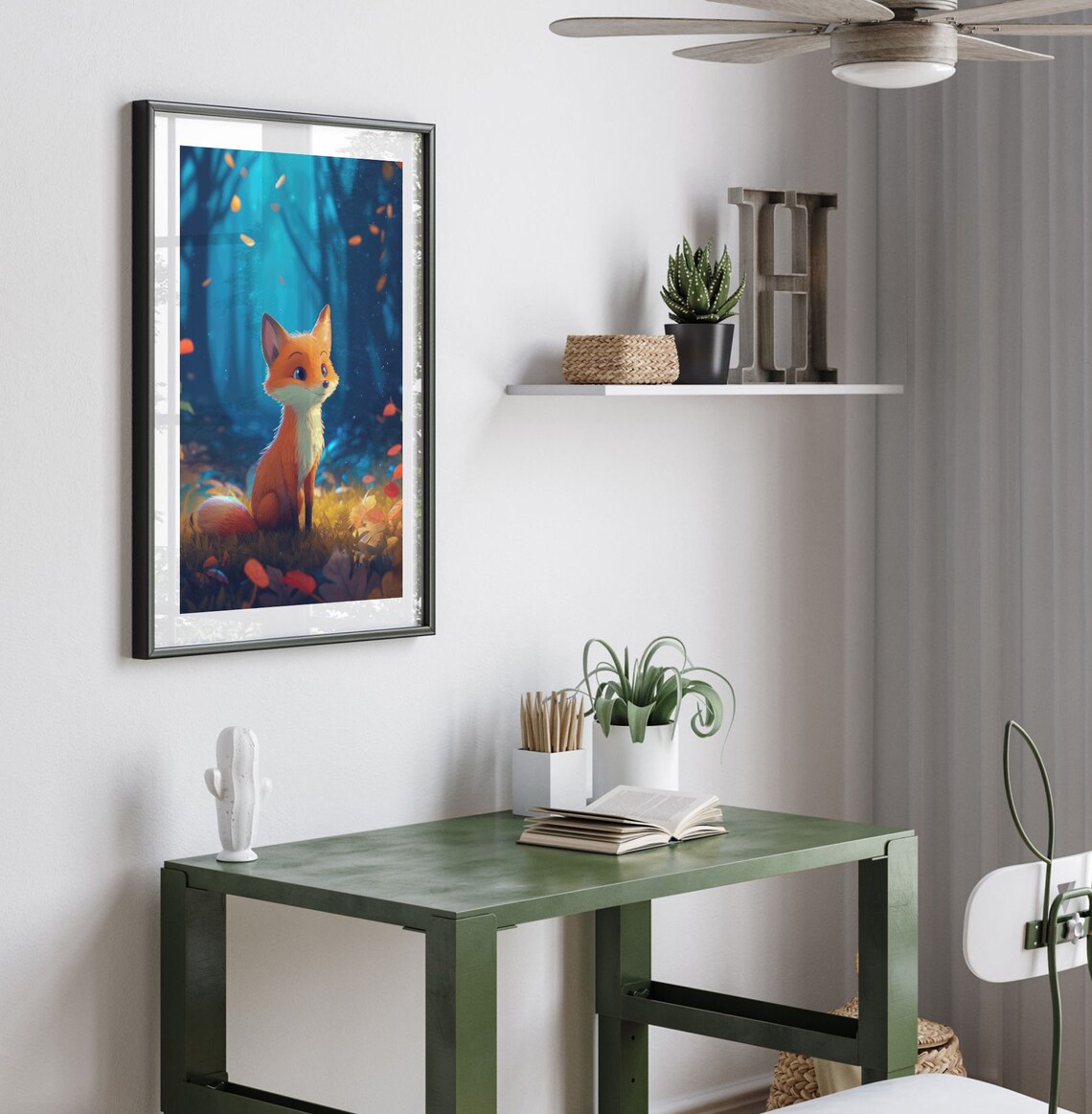 Cute Cartoon Fox in Autumn Forest Falling Leaves Kids Room Poster - Image 4