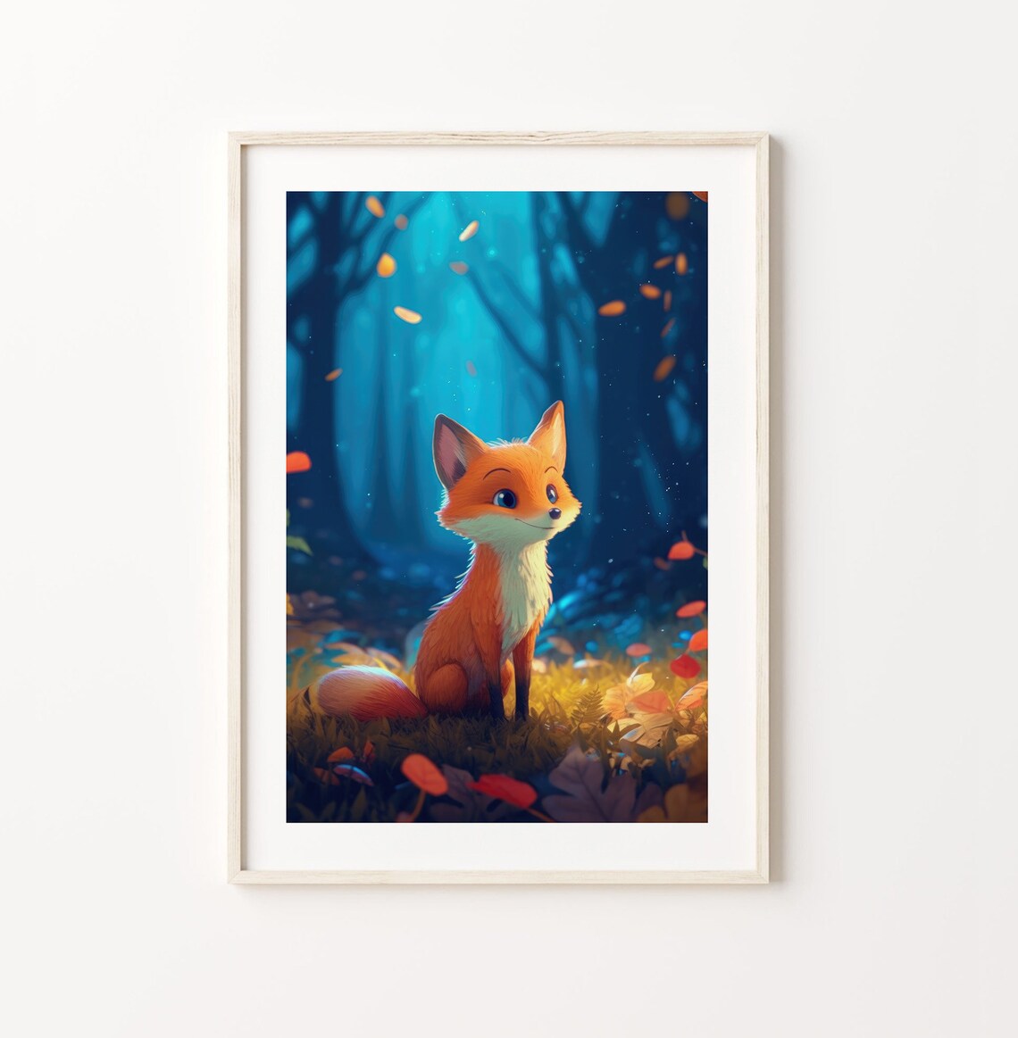 Cute Cartoon Fox in Autumn Forest Falling Leaves Kids Room Poster