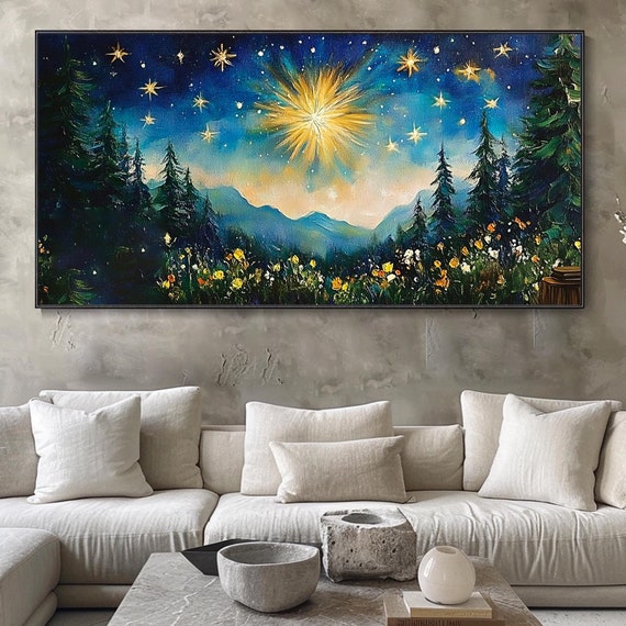 Original Green Forest Trees Landscape Textured Wall Art Oil Starry Sky Scenery Painting On Custom Night Cloud Art Art Decor