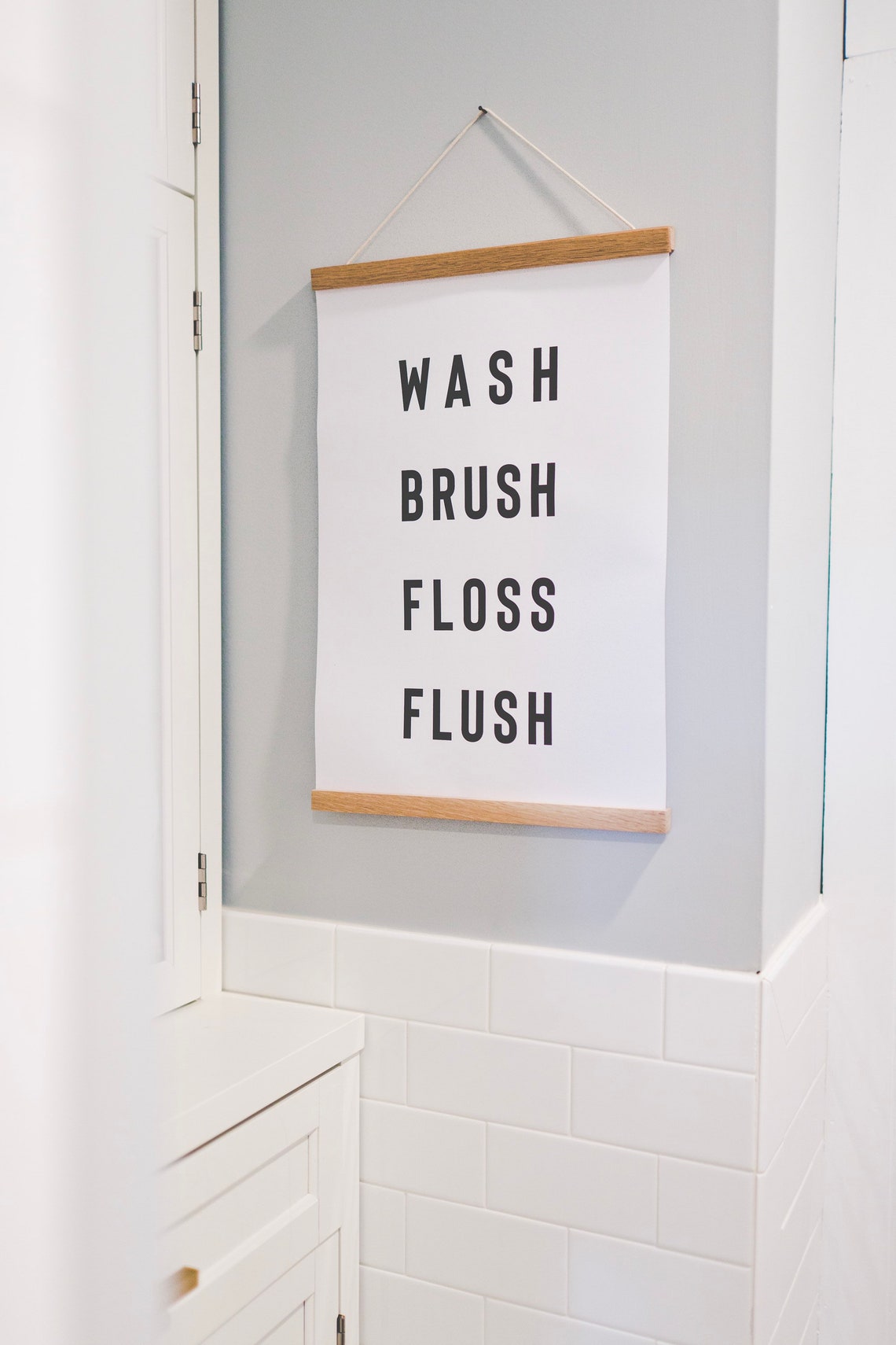 Wash Brush Floss Flush Minimalist Black White Bathroom Quote Poster - Image 2