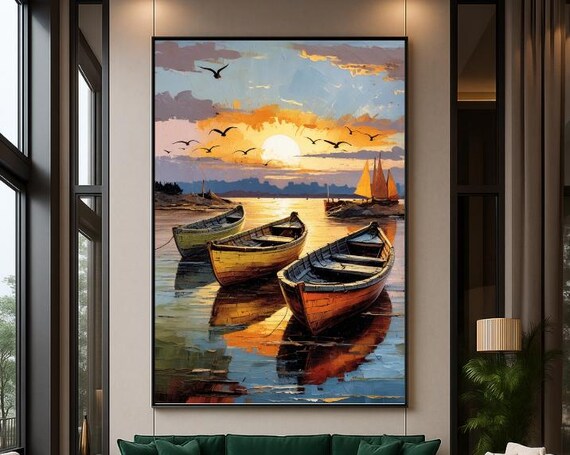 Sunset Rowboats Harbor Oil Painting Golden Water Seagulls Coastal Wall Art