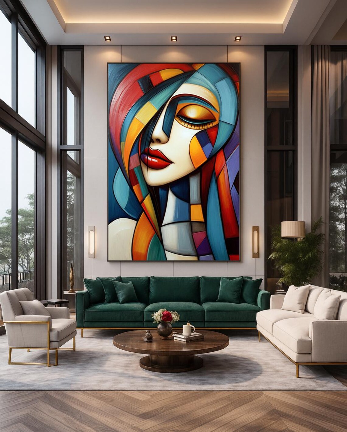 Abstract Woman Portrait Wall Art Red Blue Gold Modern Painting Elegant Print