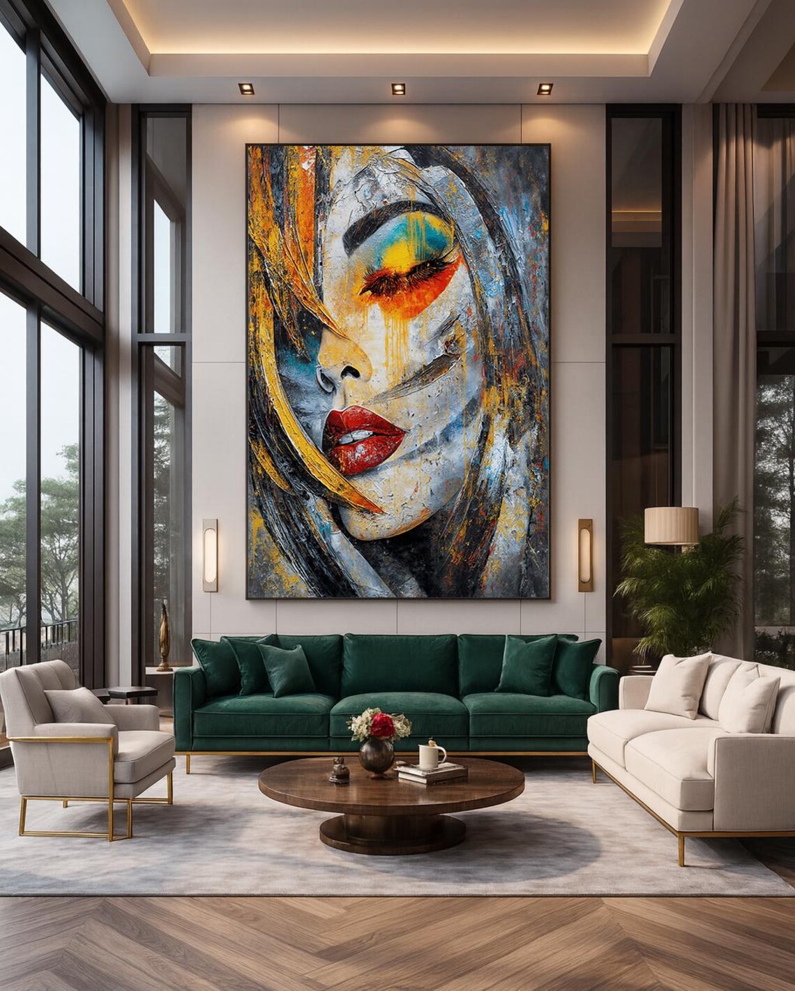 Abstract Woman Face Red Yellow Blue Bold Expressionist Painting Poster